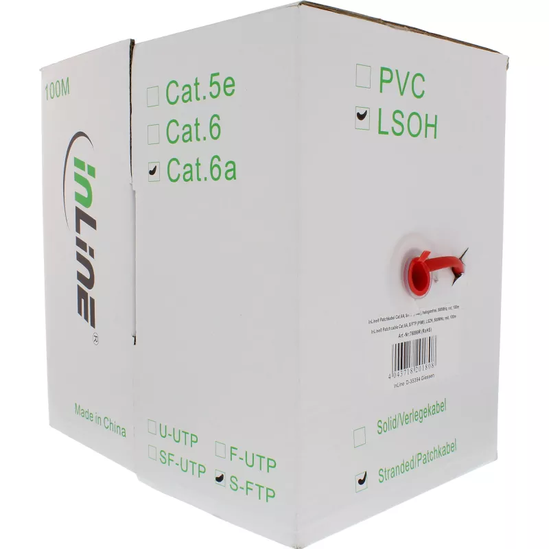 Cabo de rede S/FTP PiMF Cat.6A sem halogéneos 500MHz vermelho 100m InLine