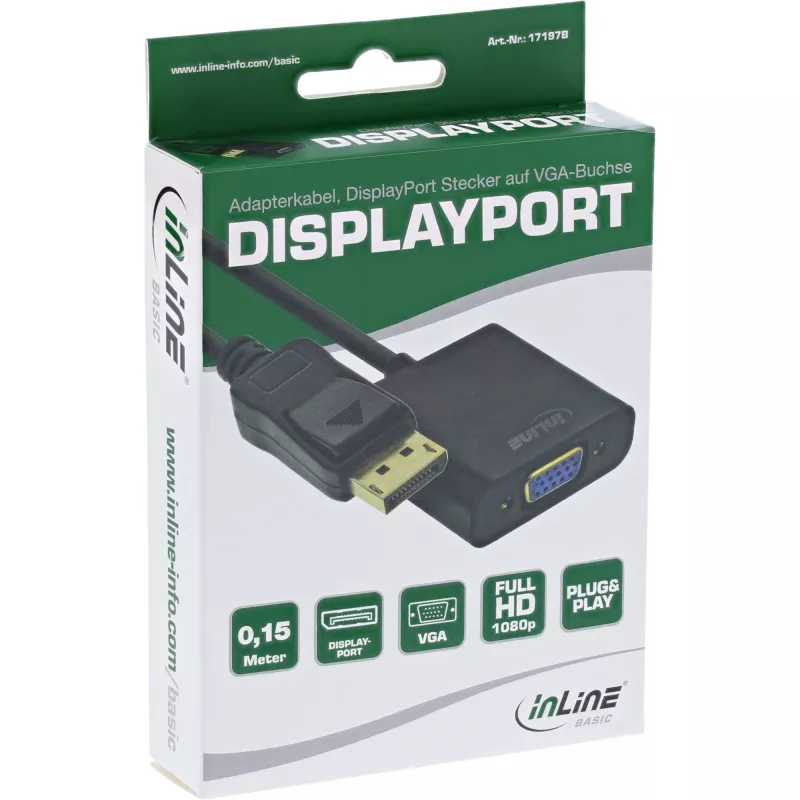 Cabo adaptador DisplayPort InLine Basic, ficha DP / conector fêmea VGA preto 0,15 m