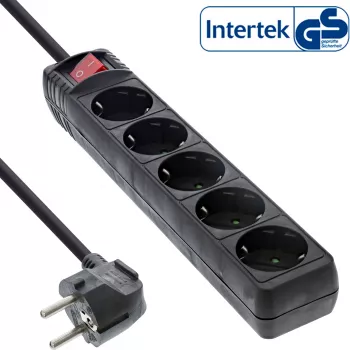 Régua de tomadas InLine, 5 tomadas Schuko CEE 7/3, preta, 1,5 m