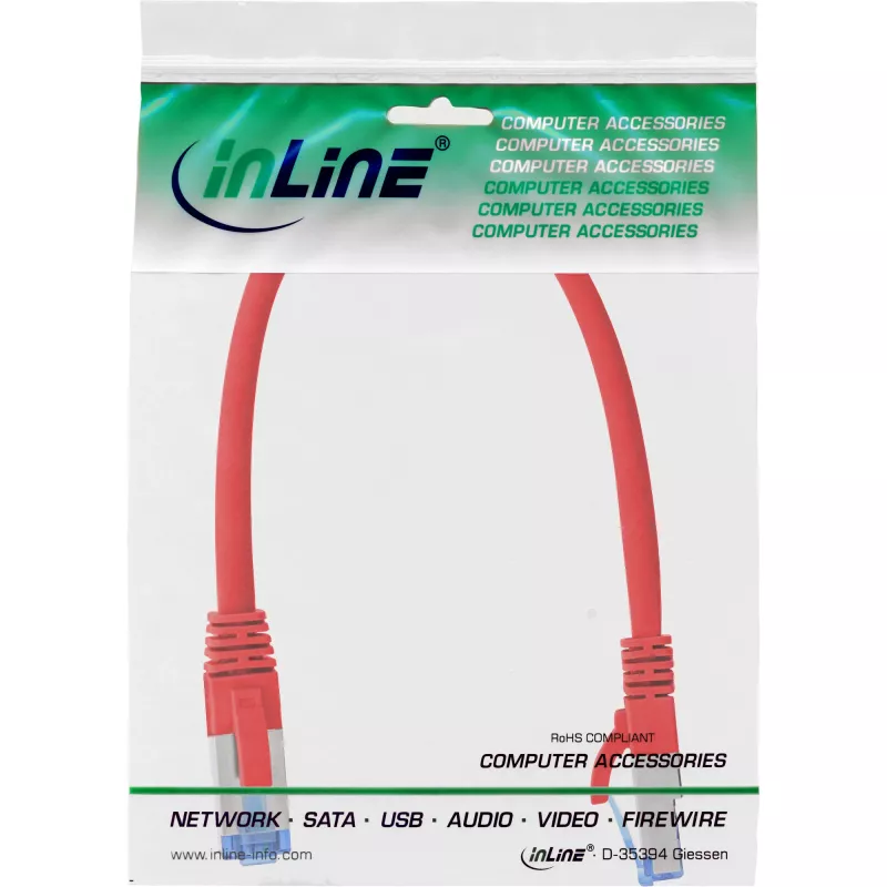 Cabo patch InLine S/FTP PiMF Cat.6A sem halogéneos 500 MHz vermelho 0,25 m