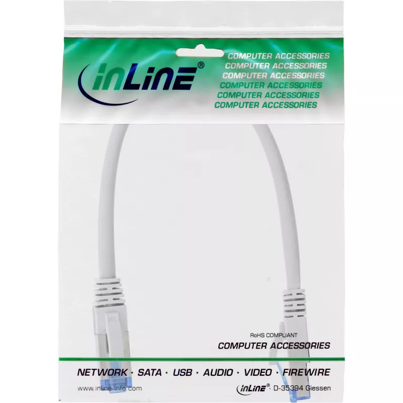 Cabo de rede InLine S/FTP PiMF Cat.6A sem halogéneos 500MHz branco 0,25m