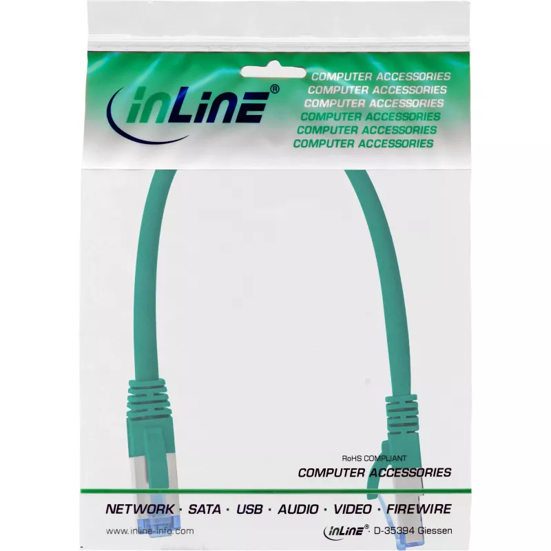 Cabo de rede InLine S/FTP PiMF Cat.6A sem halogéneos 500MHz verde 0,3m