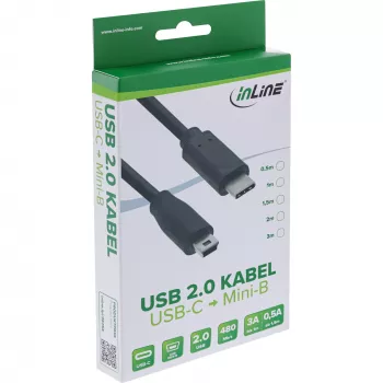Cabo USB 2.0 InLine, ficha USB-C / ficha Mini-B (5 pinos), preto, 0,5 m
