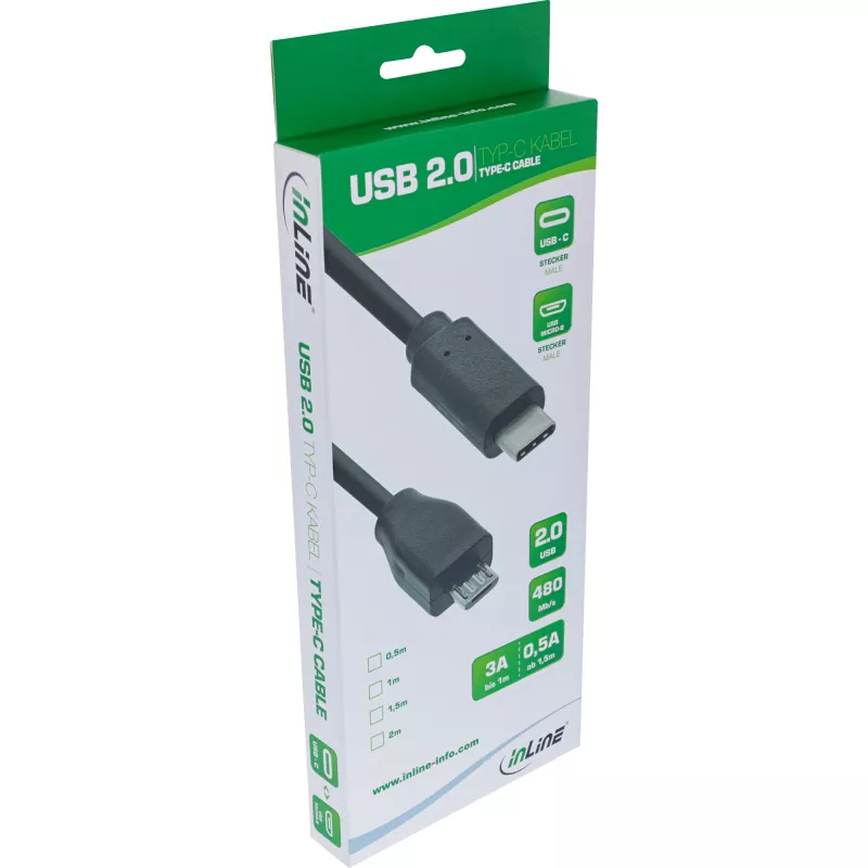 Cabo USB 2.0 InLine, ficha USB-C / ficha Micro-B, preto, 0,5 m