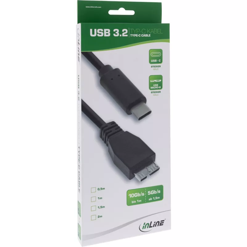 Cabo USB 3.2 Gen.1x2 InLine, ficha USB-C / ficha Micro-B, preto, 1,5 m
