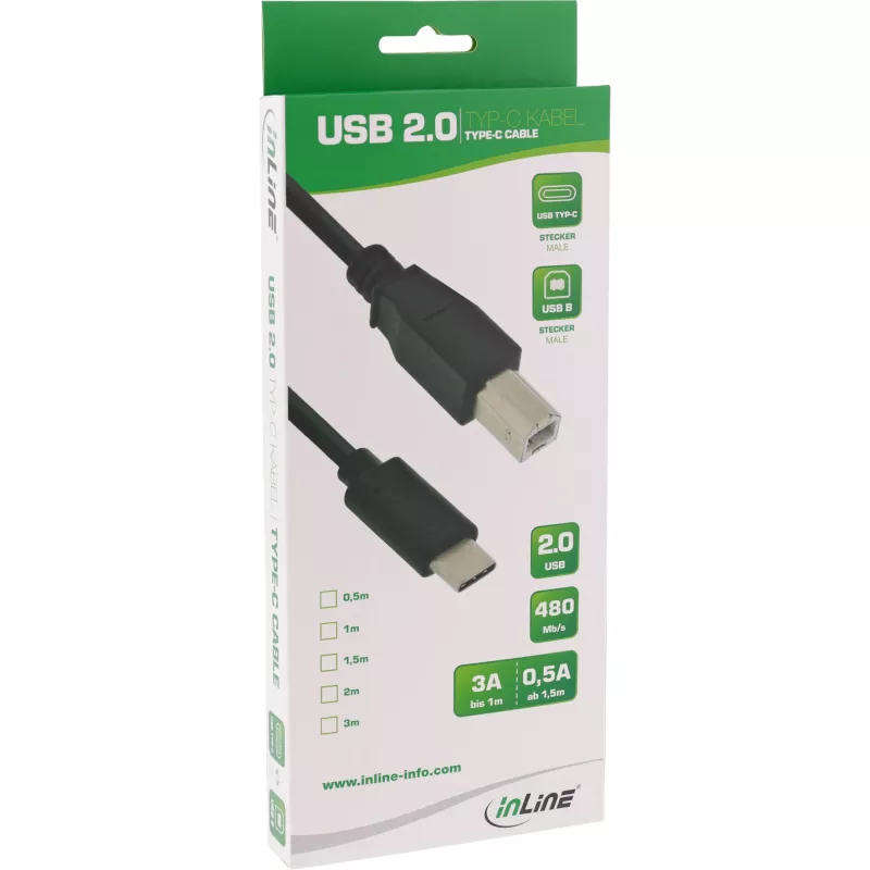 Cabo USB 2.0 InLine, ficha USB-C / ficha USB-B, preto, 3 m