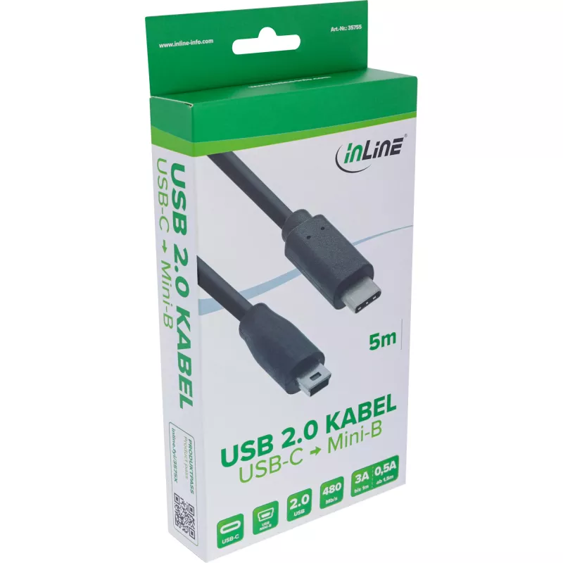 Cabo USB 2.0 InLine, ficha USB-C / ficha Mini-B (5 pinos), preto, 5 m