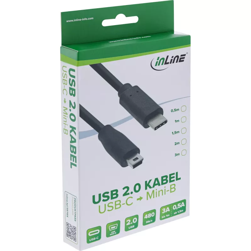 Cabo USB 2.0 InLine, ficha USB-C / ficha Mini-B (5 pinos), preto, 3 m