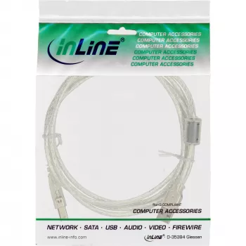 Cabo USB 2.0 InLine Type-A macho / B macho transparente, núcleo de ferrite, 3 m