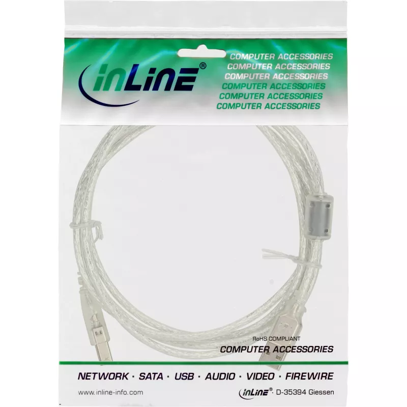Cabo USB 2.0 InLine Type-A macho / B macho transparente, núcleo de ferrite, 3 m