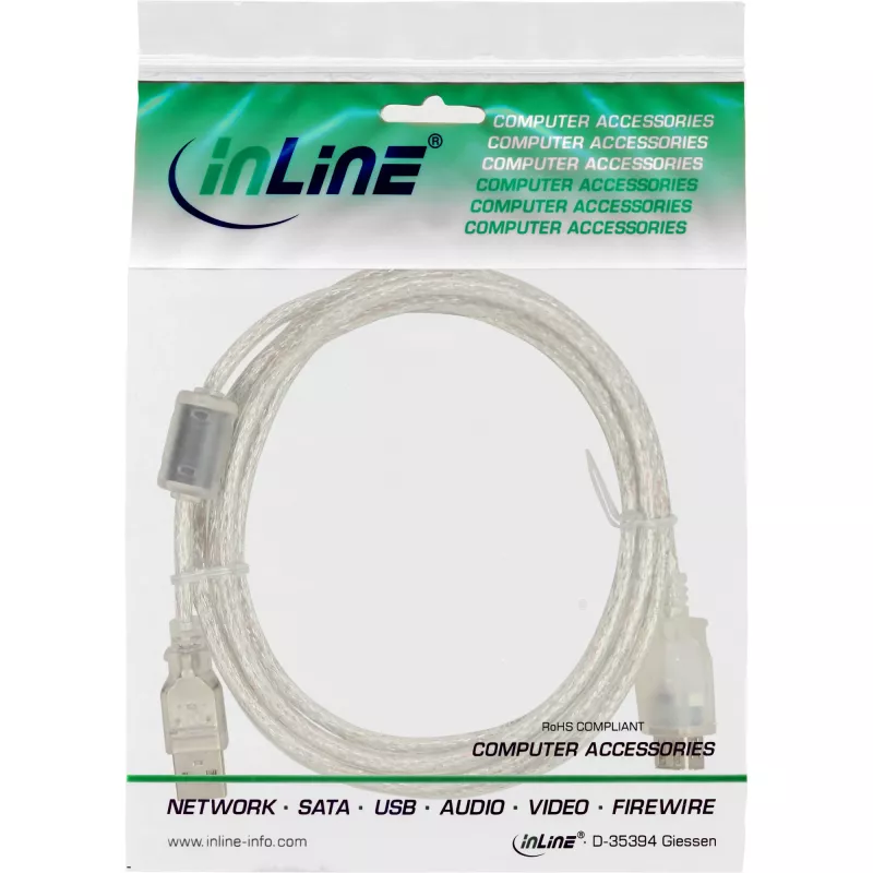 Cabo de extensão USB 2.0 InLine Type-A macho/fêmea, transparente, com ferrite, 1 m