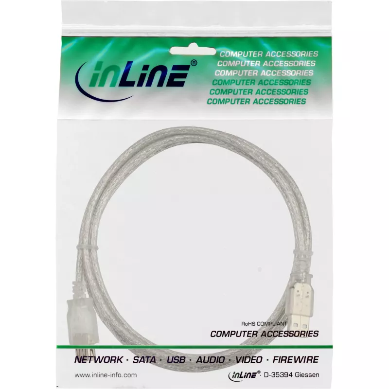 Cabo de extensão USB 2.0 Type-A macho/fêmea InLine 34605, 5 m, transparente