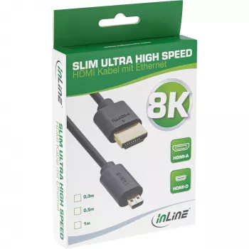 Cabo HDMI Ultra High Speed fino InLine AM/DM 8K4K dourado preto 0,3m