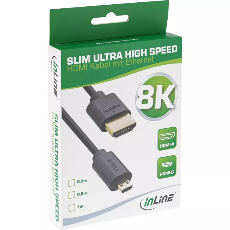 Cabo HDMI Ultra High Speed fino InLine AM/DM 8K4K dourado preto 0,3m