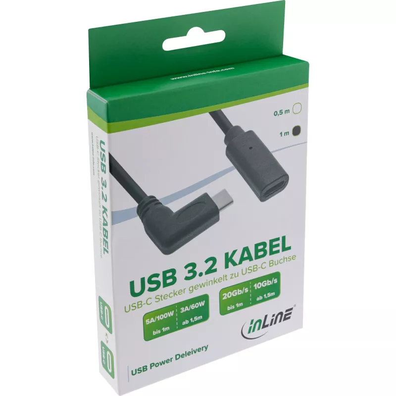 Cabo USB 3.2 Gen.1x2 InLine, ficha USB-C angular / conector fêmea, preto, 1m