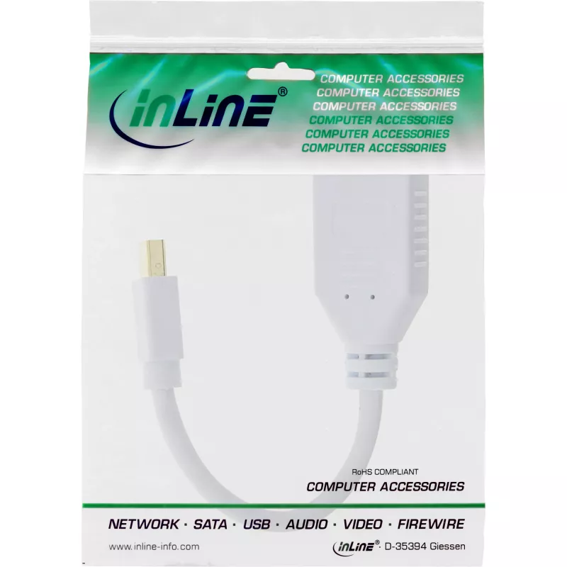 Cabo adaptador Mini DisplayPort macho para DisplayPort fêmea InLine, 4K2K, branco, 0,15 m