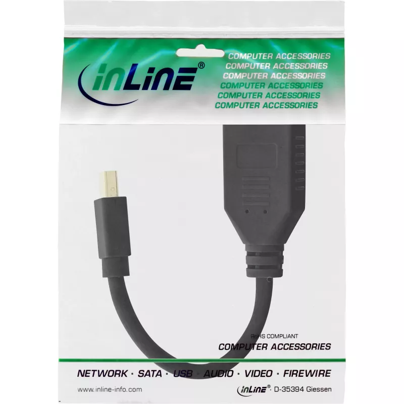 Cabo adaptador Mini DP macho para DisplayPort fêmea InLine, 4K2K, preto, 0,15m