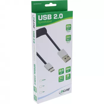 Cabo USB 2.0 em espiral InLine, ficha USB-C / ficha USB-A, preto/alu, flexível, 0,5 m