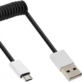Cabo Micro-USB 2.0 em espiral InLine, Type-A/Micro-B M/M, preto/alu, flexível 3 m