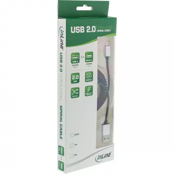 Cabo Micro-USB 2.0 em espiral InLine, Type-A/Micro-B M/M, preto/alu, flexível 3 m