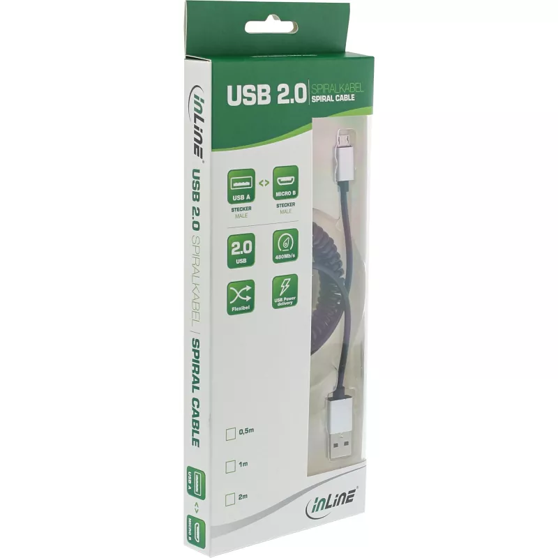 Cabo Micro-USB 2.0 em espiral InLine, Type-A/Micro-B M/M, preto/alu, flexível 3 m