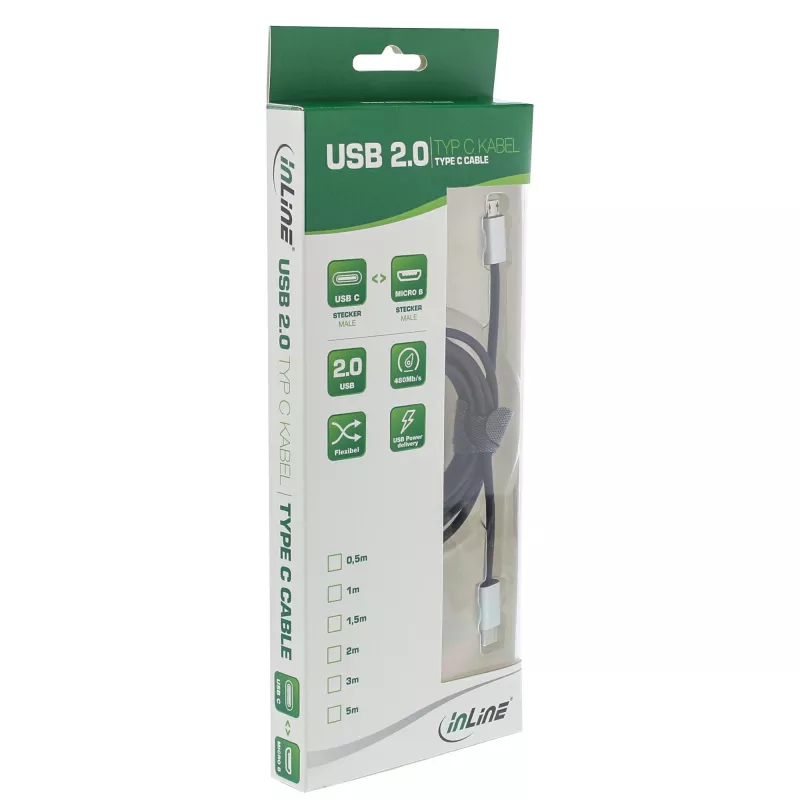 Cabo USB 2.0 InLine, ficha USB-C / ficha Micro-B, preto/alu, flexível, 1,5 m