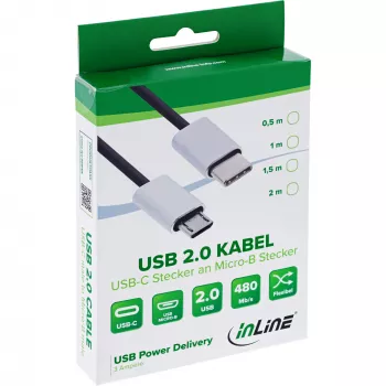 Cabo USB 2.0 InLine, ficha USB-C / ficha Micro-B, preto/alu, flexível, 0,5m