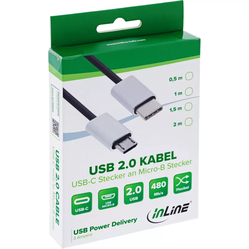 Cabo USB 2.0 InLine, ficha USB-C / ficha Micro-B, preto/alu, flexível, 0,5m