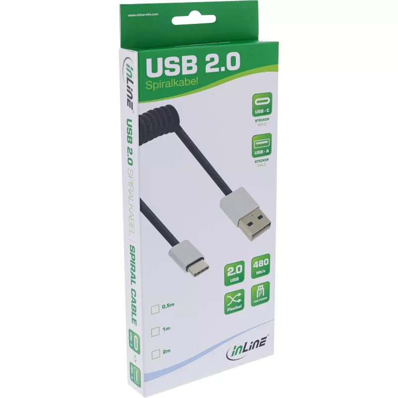 Cabo USB 2.0 em espiral InLine, ficha USB-C / ficha USB-A, preto/alu, flexível, 2m