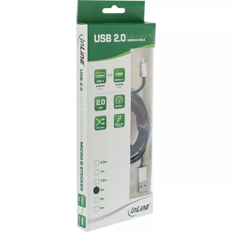 Cabo Micro-USB 2.0 InLine, USB Type-A / Micro-B M/M, preto/alu, flexível, 3 m