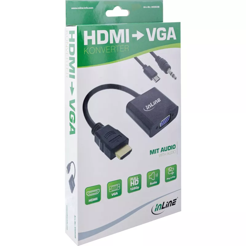 Cabo conversor InLine HDMI para VGA com áudio, conversor de vídeo ativo, preto