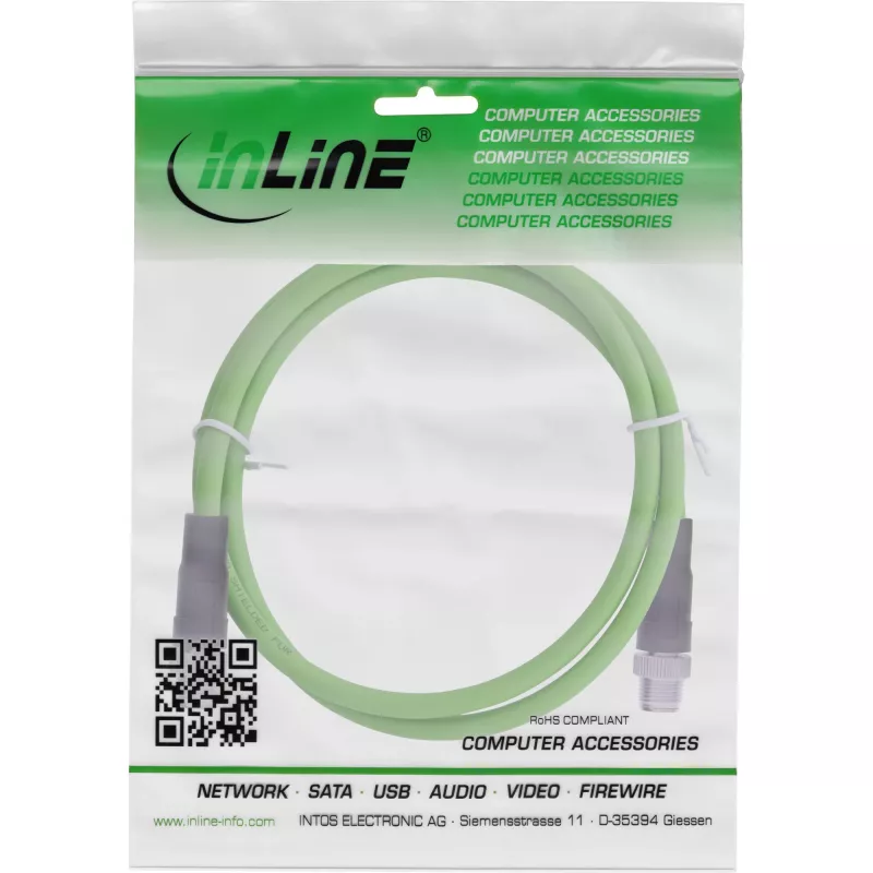 Cabo de rede industrial InLine, M12 8 pinos codificação X macho/macho, Cat.6A PUR 2m