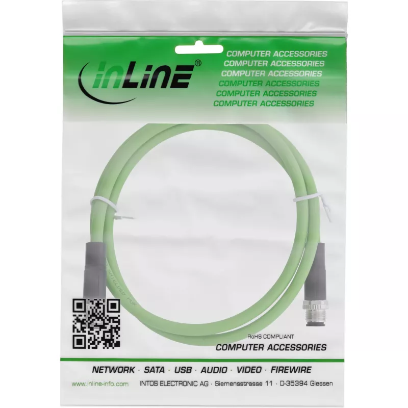 Cabo de rede industrial InLine, M12 4 pinos codificação D macho/macho, PUR 15 m
