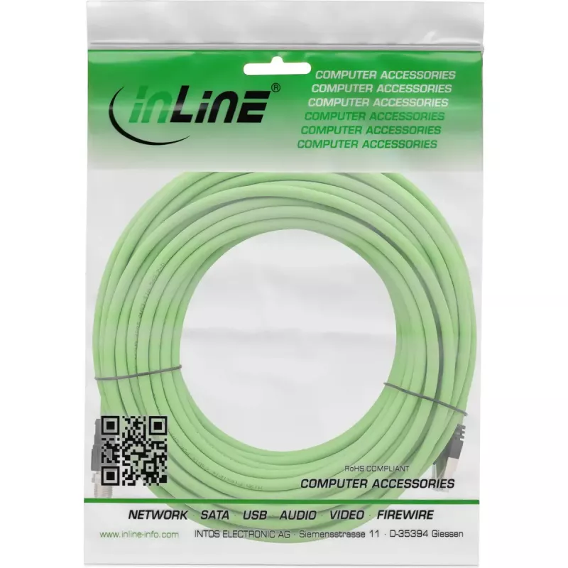Cabo de rede industrial InLine, M12 8 pinos X-codificado para ficha RJ45, Cat.6A PUR 20m