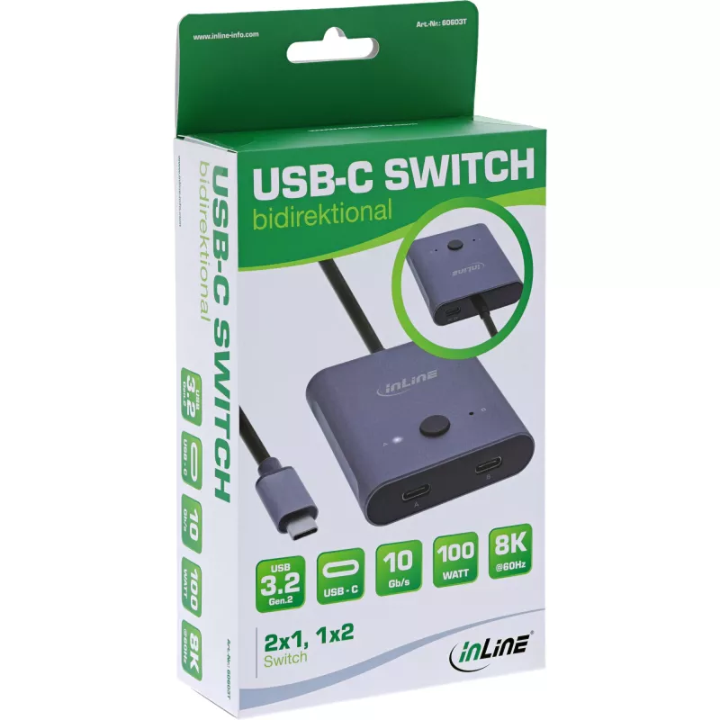 Comutador USB-C InLine, comutador bidirecional, 10 Gb/s, 100 W