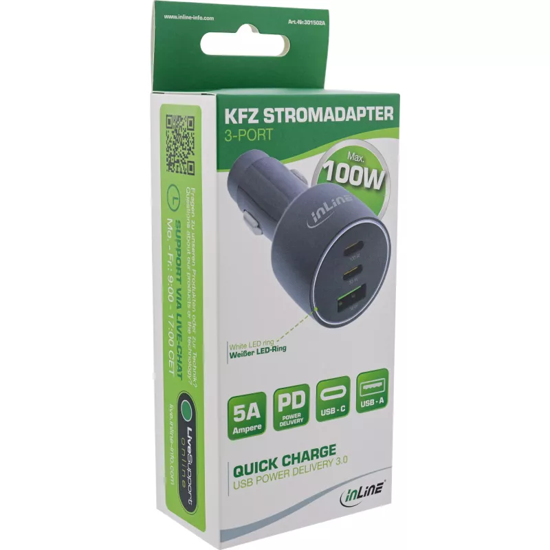 Carregador USB para automóvel InLine Power Delivery, 2x USB-C + QC USB-A, preto