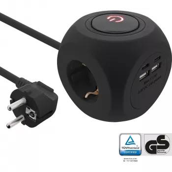 InLine Charging Cube InLine 16499B 3x tomada schuko 2x USB-C 2x USB-A preto 2m