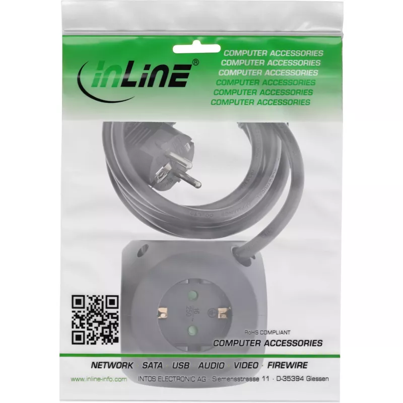 InLine Charging Cube InLine 16499B 3x tomada schuko 2x USB-C 2x USB-A preto 2m