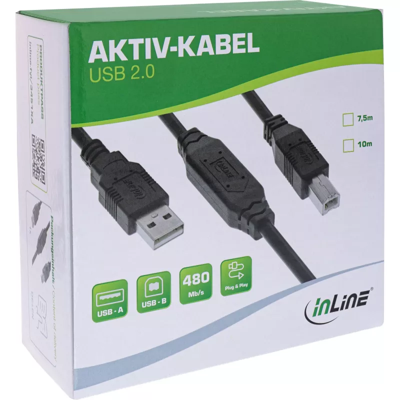 Cabo ativo USB 2.0 InLine, USB-A macho para USB-B macho, 7,5 m