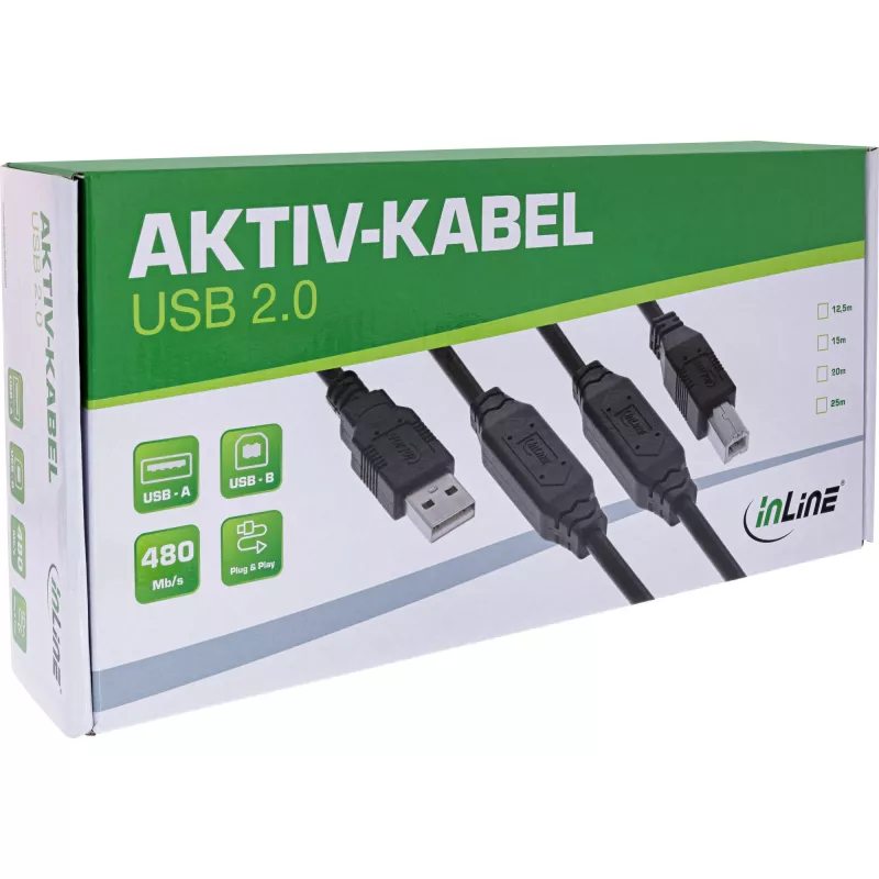 InLine 34513A cabo USB 2.0 ativo, ficha USB-A macho para USB-B macho, 20 m, 480 Mbit/s