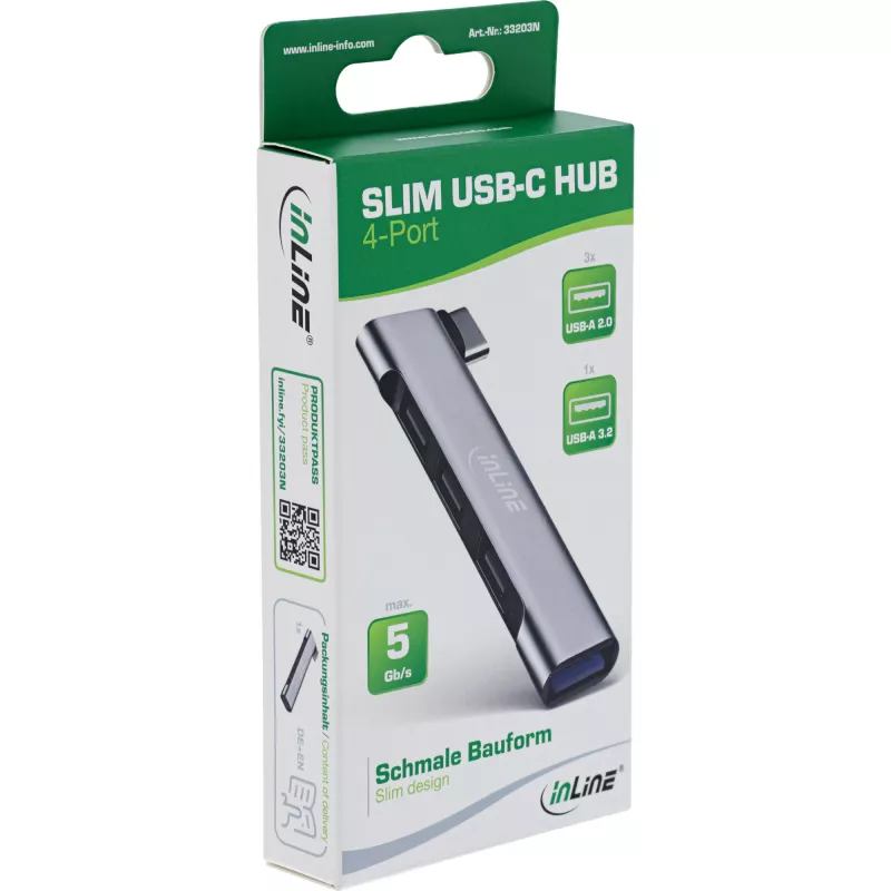 Hub USB-C fino InLine, 4 portas, USB 3.0 + 3x USB 2.0, design fino