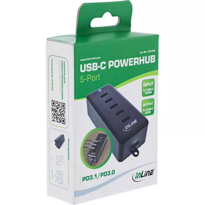 Carregador universal de interior InLine USB-C extensão 5 portas 100W