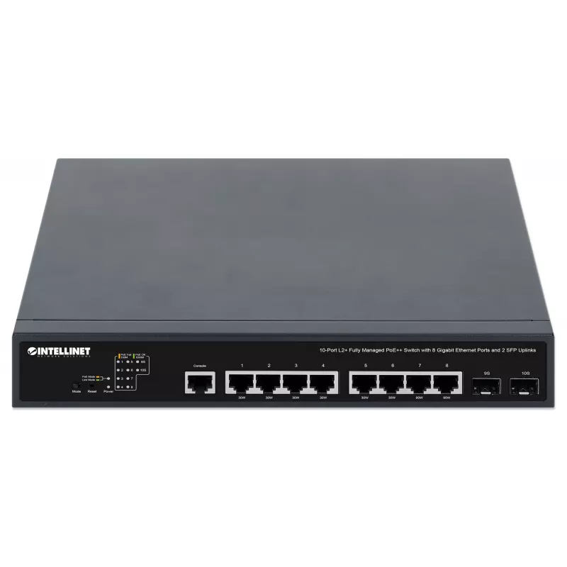 Switch Intellinet 10 portas L2+ totalmente gerido PoE++ com 8 portas Gigabit Ethernet e 2 uplinks SFP