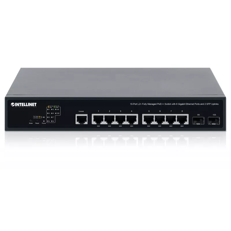 Switch Intellinet 10 portas L2+ totalmente gerido PoE++ com 8 portas Gigabit Ethernet e 2 uplinks SFP