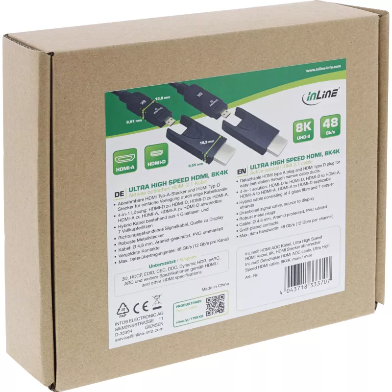 Cabo HDMI AOC InLine, Ultra High Speed HDMI, 8K4K, ficha removível, 10m