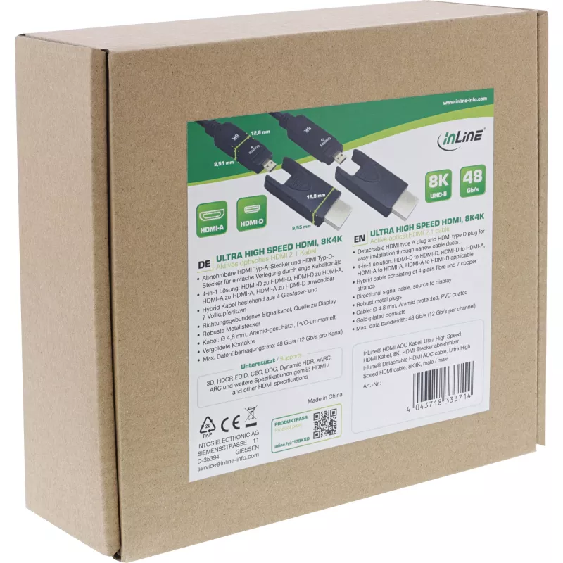 Cabo HDMI AOC InLine, Ultra High Speed HDMI, 8K4K, ficha removível, 15m