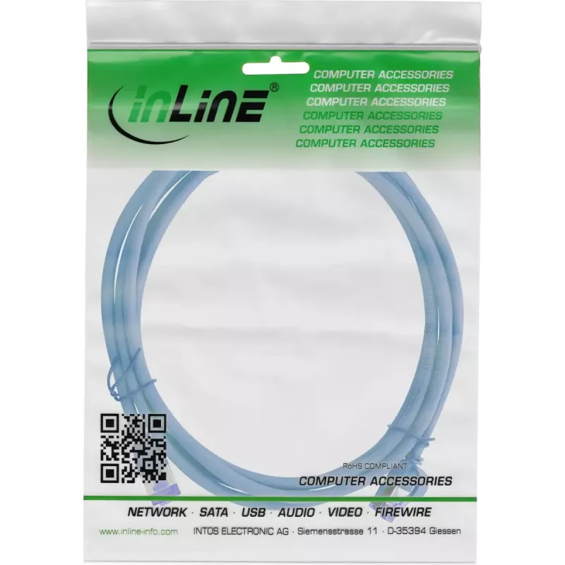 InLine 74901B Cabo de rede Slim, Cat.6A, S/FTP, TPE (LSZH), flexível, PoE, azul, 1 m