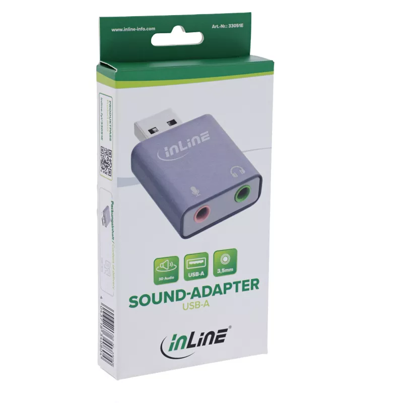 Adaptador de áudio InLine 33051E USB Type-A cinzento 42mm x 30mm x 12mm