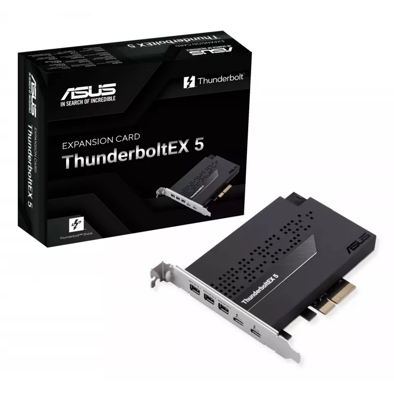Placa de interface ASUS ThunderboltEX 5 — PCIe 4.0, Intel JHL9580, Mini DisplayPort, USB 2.0, 120 Gbit/s