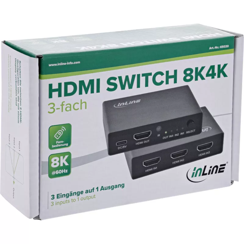 Comutador HDMI InLine 65020 3 portas 8K 60Hz HDCP 2.3